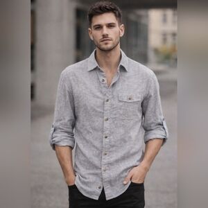 Broletto Linen Blend Button-up Shirt Roll Tab Half Sleeve or Longsleeve Men's S